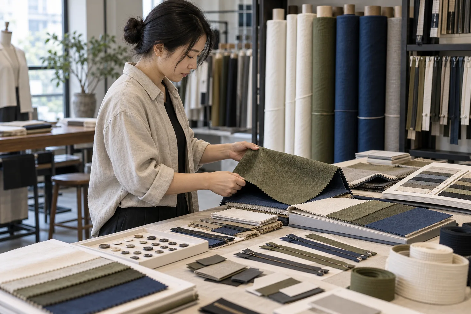 AI-generated illustration of fabric and trim selection at a supplier counter