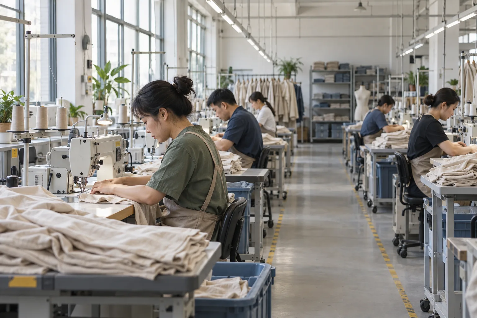 AI-generated illustration of workers sewing garments in a production workshop