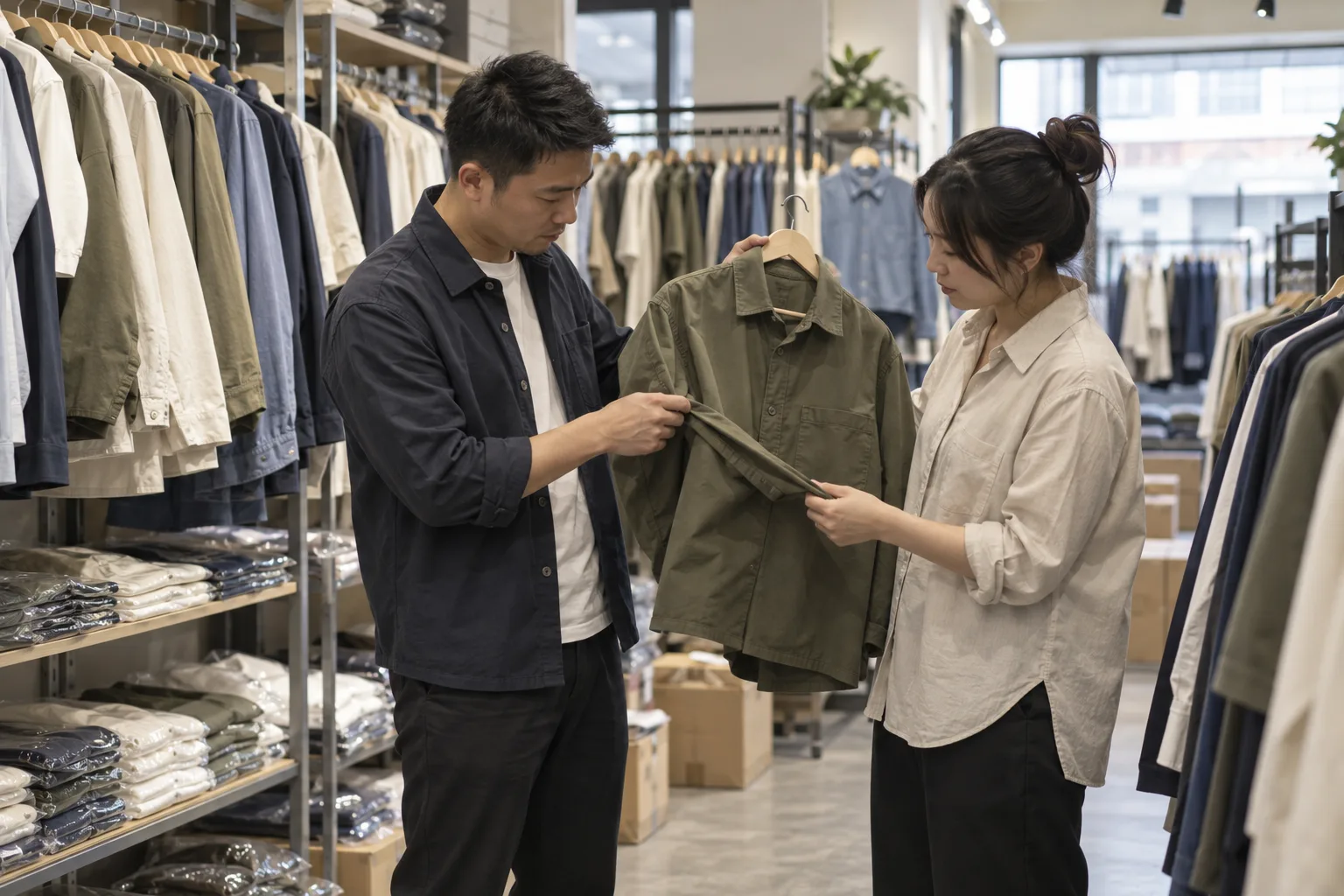 AI-generated illustration of garment selection in a wholesale showroom